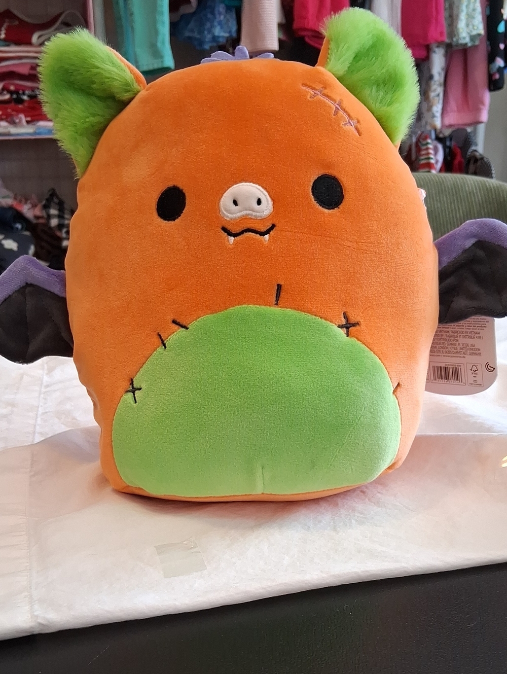 Squishmallows Orange Plush Bat with Green Accents